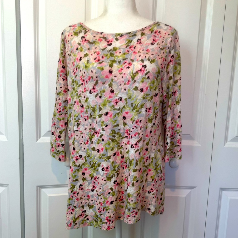 100% Linen J. Jill Love Linen Pink Green Floral Spring Summer Top